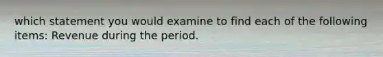 which statement you would examine to find each of the following items: Revenue during the period.