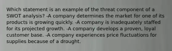 Which statement is an example of the threat component of a SWOT analysis? -A company determines the market for one of its products is growing quickly. -A company is inadequately staffed for its projected growth. -A company develops a proven, loyal customer base. -A company experiences price fluctuations for supplies because of a drought.