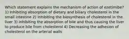 Which statement explains the mechanism of action of ezetimibe? 1) Inhibiting absorption of dietary and biliary cholesterol in the small intestine 2) Inhibiting the biosynthesis of cholesterol in the liver 3) Inhibiting the absorption of bile and thus causing the liver to produce bile from cholesterol 4) Decreasing the adhesion of cholesterol on the arterial walls