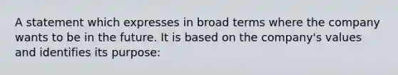 A statement which expresses in broad terms where the company wants to be in the future. It is based on the company's values and identifies its purpose: