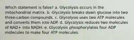 Which statement is false? a. Glycolysis occurs in the mitochondrial matrix. b. Glycolysis breaks down glucose into two three-carbon compounds. c. Glycolysis uses two ATP molecules and converts them into ADP. d. Glycolysis reduces two molecules of NAD+ into NADH. e. Glycolysis phosphorylates four ADP molecules to make four ATP molecules.