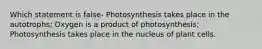 Which statement is false- Photosynthesis takes place in the autotrophs; Oxygen is a product of photosynthesis; Photosynthesis takes place in the nucleus of plant cells.