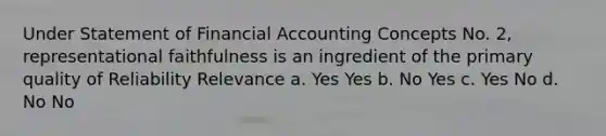 Under Statement of Financial Accounting Concepts No. 2, representational faithfulness is an ingredient of the primary quality of Reliability Relevance a. Yes Yes b. No Yes c. Yes No d. No No