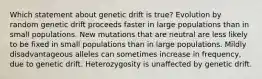 Which statement about genetic drift is true? Evolution by random genetic drift proceeds faster in large populations than in small populations. New mutations that are neutral are less likely to be fixed in small populations than in large populations. Mildly disadvantageous alleles can sometimes increase in frequency, due to genetic drift. Heterozygosity is unaffected by genetic drift.