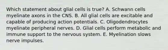 Which statement about glial cells is true? A. Schwann cells myelinate axons in the CNS. B. All glial cells are excitable and capable of producing action potentials. C. Oligodendrocytes myelinate peripheral nerves. D. Glial cells perform metabolic and immune support to the nervous system. E. Myelination slows nerve impulses.