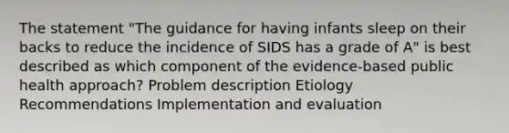 The statement "The guidance for having infants sleep on their backs to reduce the incidence of SIDS has a grade of A" is best described as which component of the evidence-based public health approach? Problem description Etiology Recommendations Implementation and evaluation