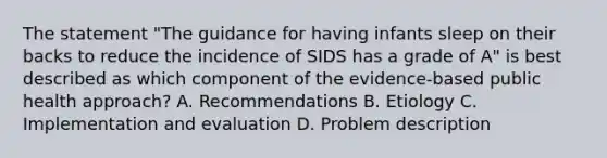 The statement "The guidance for having infants sleep on their backs to reduce the incidence of SIDS has a grade of A" is best described as which component of the evidence-based public health approach? A. Recommendations B. Etiology C. Implementation and evaluation D. Problem description