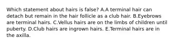 Which statement about hairs is false? A.A terminal hair can detach but remain in the hair follicle as a club hair. B.Eyebrows are terminal hairs. C.Vellus hairs are on the limbs of children until puberty. D.Club hairs are ingrown hairs. E.Terminal hairs are in the axilla.