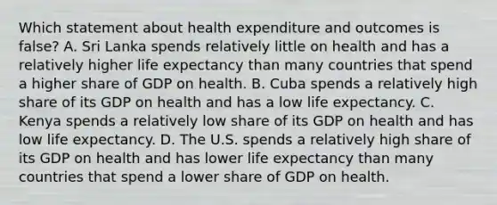 Which statement about health expenditure and outcomes is false? A. Sri Lanka spends relatively little on health and has a relatively higher life expectancy than many countries that spend a higher share of GDP on health. B. Cuba spends a relatively high share of its GDP on health and has a low life expectancy. C. Kenya spends a relatively low share of its GDP on health and has low life expectancy. D. The U.S. spends a relatively high share of its GDP on health and has lower life expectancy than many countries that spend a lower share of GDP on health.