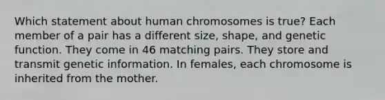 Which statement about human chromosomes is true? Each member of a pair has a different size, shape, and genetic function. They come in 46 matching pairs. They store and transmit genetic information. In females, each chromosome is inherited from the mother.