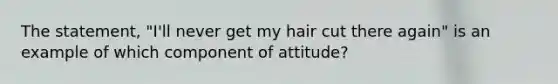 The statement, "I'll never get my hair cut there again" is an example of which component of attitude?