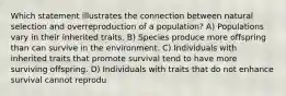 Which statement illustrates the connection between natural selection and overreproduction of a population? A) Populations vary in their inherited traits. B) Species produce more offspring than can survive in the environment. C) Individuals with inherited traits that promote survival tend to have more surviving offspring. D) Individuals with traits that do not enhance survival cannot reprodu