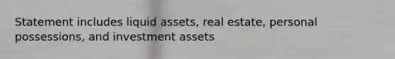 Statement includes liquid assets, real estate, personal possessions, and investment assets