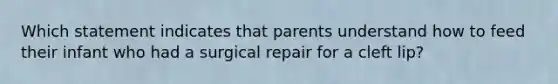 Which statement indicates that parents understand how to feed their infant who had a surgical repair for a cleft lip?