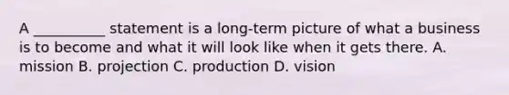 A __________ statement is a long-term picture of what a business is to become and what it will look like when it gets there. A. mission B. projection C. production D. vision