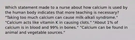 Which statement made to a nurse about how calcium is used by the human body indicates that more teaching is necessary? "Taking too much calcium can cause milk-alkali syndrome." "Calcium acts like vitamin K in causing clots." "About 1% of calcium is in blood and 99% in bones." "Calcium can be found in animal and vegetable sources."