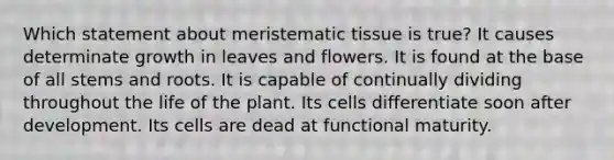 Which statement about meristematic tissue is true? It causes determinate growth in leaves and flowers. It is found at the base of all stems and roots. It is capable of continually dividing throughout the life of the plant. Its cells differentiate soon after development. Its cells are dead at functional maturity.