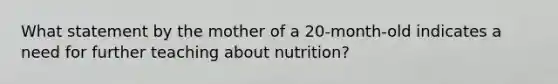 What statement by the mother of a 20-month-old indicates a need for further teaching about nutrition?