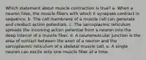 Which statement about muscle contraction is true? a. When a neuron fires, the muscle fibers with which it synapses contract in sequence. b. The cell membrane of a muscle cell can generate and conduct action potentials. c. The sarcoplasmic reticulum spreads the incoming action potential from a neuron into the deep interior of a muscle fiber. d. A neuromuscular junction is the area of contact between the axon of a neuron and the sarcoplasmic reticulum of a skeletal muscle cell. e. A single neuron can excite only one muscle fiber at a time.