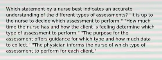 Which statement by a nurse best indicates an accurate understanding of the different types of assessments? "It is up to the nurse to decide which assessment to perform." "How much time the nurse has and how the client is feeling determine which type of assessment to perform." "The purpose for the assessment offers guidance for which type and how much data to collect." "The physician informs the nurse of which type of assessment to perform for each client."