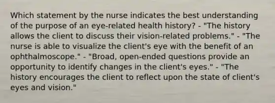 Which statement by the nurse indicates the best understanding of the purpose of an eye-related health history? - "The history allows the client to discuss their vision-related problems." - "The nurse is able to visualize the client's eye with the benefit of an ophthalmoscope." - "Broad, open-ended questions provide an opportunity to identify changes in the client's eyes." - "The history encourages the client to reflect upon the state of client's eyes and vision."