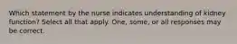 Which statement by the nurse indicates understanding of kidney function? Select all that apply. One, some, or all responses may be correct.