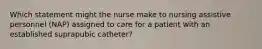 Which statement might the nurse make to nursing assistive personnel (NAP) assigned to care for a patient with an established suprapubic catheter?