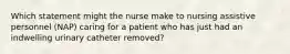 Which statement might the nurse make to nursing assistive personnel (NAP) caring for a patient who has just had an indwelling urinary catheter removed?