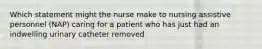 Which statement might the nurse make to nursing assistive personnel (NAP) caring for a patient who has just had an indwelling urinary catheter removed