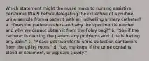 Which statement might the nurse make to nursing assistive personnel (NAP) before delegating the collection of a routine urine sample from a patient with an indwelling urinary catheter? a. "Does the patient understand why the specimen is needed and why we cannot obtain it from the Foley bag?" b. "See if the catheter is causing the patient any problems and if he is having any pain." c. "Please get two sterile urine collection containers from the utility room." d. "Let me know if the urine contains blood or sediment, or appears cloudy."