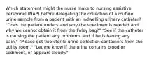 Which statement might the nurse make to nursing assistive personnel (NAP) before delegating the collection of a routine urine sample from a patient with an indwelling urinary catheter? "Does the patient understand why the specimen is needed and why we cannot obtain it from the Foley bag?" "See if the catheter is causing the patient any problems and if he is having any pain." "Please get two sterile urine collection containers from the utility room." "Let me know if the urine contains blood or sediment, or appears cloudy."