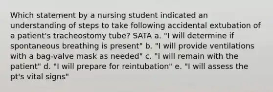 Which statement by a nursing student indicated an understanding of steps to take following accidental extubation of a patient's tracheostomy tube? SATA a. "I will determine if spontaneous breathing is present" b. "I will provide ventilations with a bag-valve mask as needed" c. "I will remain with the patient" d. "I will prepare for reintubation" e. "I will assess the pt's vital signs"