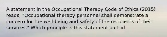 A statement in the Occupational Therapy Code of Ethics (2015) reads, "Occupational therapy personnel shall demonstrate a concern for the well-being and safety of the recipients of their services." Which principle is this statement part of