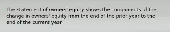 The statement of owners' equity shows the components of the change in owners' equity from the end of the prior year to the end of the current year.