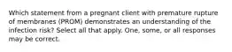 Which statement from a pregnant client with premature rupture of membranes (PROM) demonstrates an understanding of the infection risk? Select all that apply. One, some, or all responses may be correct.