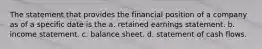 The statement that provides the financial position of a company as of a specific date is the a. retained earnings statement. b. income statement. c. balance sheet. d. statement of cash flows.