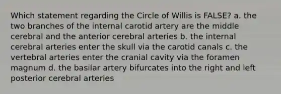 Which statement regarding the Circle of Willis is FALSE? a. the two branches of the internal carotid artery are the middle cerebral and the anterior cerebral arteries b. the internal cerebral arteries enter the skull via the carotid canals c. the vertebral arteries enter the cranial cavity via the foramen magnum d. the basilar artery bifurcates into the right and left posterior cerebral arteries