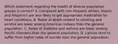 Which statement regarding the health of diverse population groups is correct? A. Compared with non-Hispanic whites, blacks and Hispanics are less likely to get appropriate medication for heart conditions. B. Rates of death related to smoking and alcohol are lower among American Indians than the general population. C. Rates of diabetes and asthma are lower among Pacific Islanders than the general population. D. Latinos tend to suffer from higher rates of suicide than the general population.