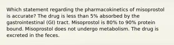 Which statement regarding the pharmacokinetics of misoprostol is accurate? The drug is less than 5% absorbed by the gastrointestinal (GI) tract. Misoprostol is 80% to 90% protein bound. Misoprostol does not undergo metabolism. The drug is excreted in the feces.