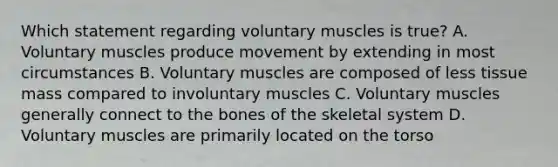 Which statement regarding voluntary muscles is​ true? A. Voluntary muscles produce movement by extending in most circumstances B. Voluntary muscles are composed of less tissue mass compared to involuntary muscles C. Voluntary muscles generally connect to the bones of the skeletal system D. Voluntary muscles are primarily located on the torso