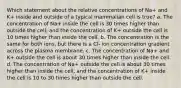 Which statement about the relative concentrations of Na+ and K+ inside and outside of a typical mammalian cell is true? a. The concentration of Na+ inside the cell is 30 times higher than outside the cell, and the concentration of K+ outside the cell is 10 times higher than inside the cell. b. The concentration is the same for both ions, but there is a Cl- ion concentration gradient across the plasma membrane. c. The concentration of Na+ and K+ outside the cell is about 30 times higher than inside the cell. d. The concentration of Na+ outside the cell is about 30 times higher than inside the cell, and the concentration of K+ inside the cell is 10 to 30 times higher than outside the cell.