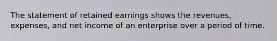 The statement of retained earnings shows the revenues, expenses, and net income of an enterprise over a period of time.