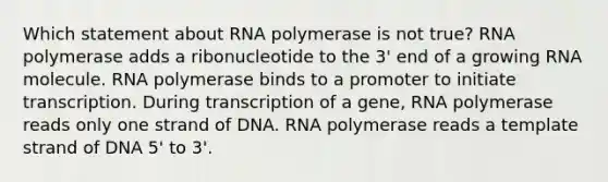 Which statement about RNA polymerase is not true? RNA polymerase adds a ribonucleotide to the 3' end of a growing RNA molecule. RNA polymerase binds to a promoter to initiate transcription. During transcription of a gene, RNA polymerase reads only one strand of DNA. RNA polymerase reads a template strand of DNA 5' to 3'.