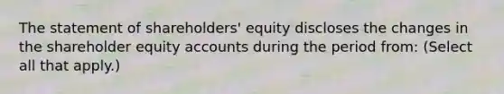 The statement of shareholders' equity discloses the changes in the shareholder equity accounts during the period from: (Select all that apply.)