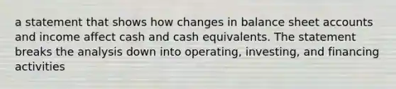 a statement that shows how changes in balance sheet accounts and income affect cash and cash equivalents. The statement breaks the analysis down into operating, investing, and financing activities