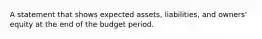 A statement that shows expected assets, liabilities, and owners' equity at the end of the budget period.