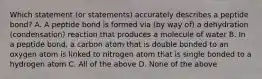 Which statement (or statements) accurately describes a peptide bond? A. A peptide bond is formed via (by way of) a dehydration (condensation) reaction that produces a molecule of water B. In a peptide bond, a carbon atom that is double bonded to an oxygen atom is linked to nitrogen atom that is single bonded to a hydrogen atom C. All of the above D. None of the above