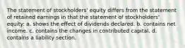 The statement of stockholders' equity differs from the statement of retained earnings in that the statement of stockholders' equity: a. shows the effect of dividends declared. b. contains net income. c. contains the changes in contributed capital. d. contains a liability section.