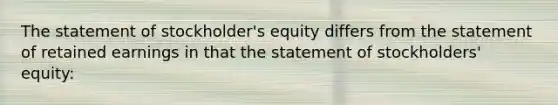 The statement of stockholder's equity differs from the statement of retained earnings in that the statement of stockholders' equity: