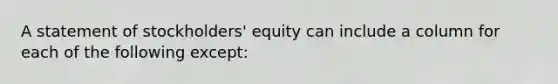 A statement of stockholders' equity can include a column for each of the following except: